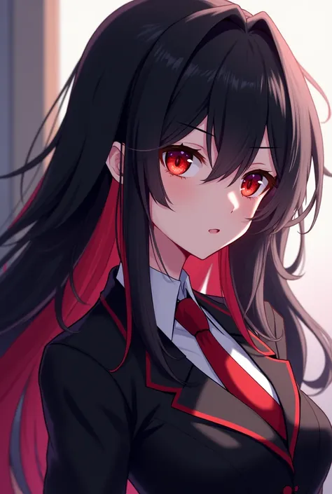 Wallpaper:Anime style Genshi Impact has long black hair with red highlights, wears a uniform, has one eye red and the other black and this serious is a woman

