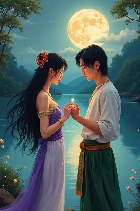 full lenght on a full moon night, on the river bank, in the wind of the light of tiny fireflies flying around the edge of the forest, there is a beautiful, sweet, gentle young woman, 2, with long, flowing black hair, beautiful red and gold hair accessories...