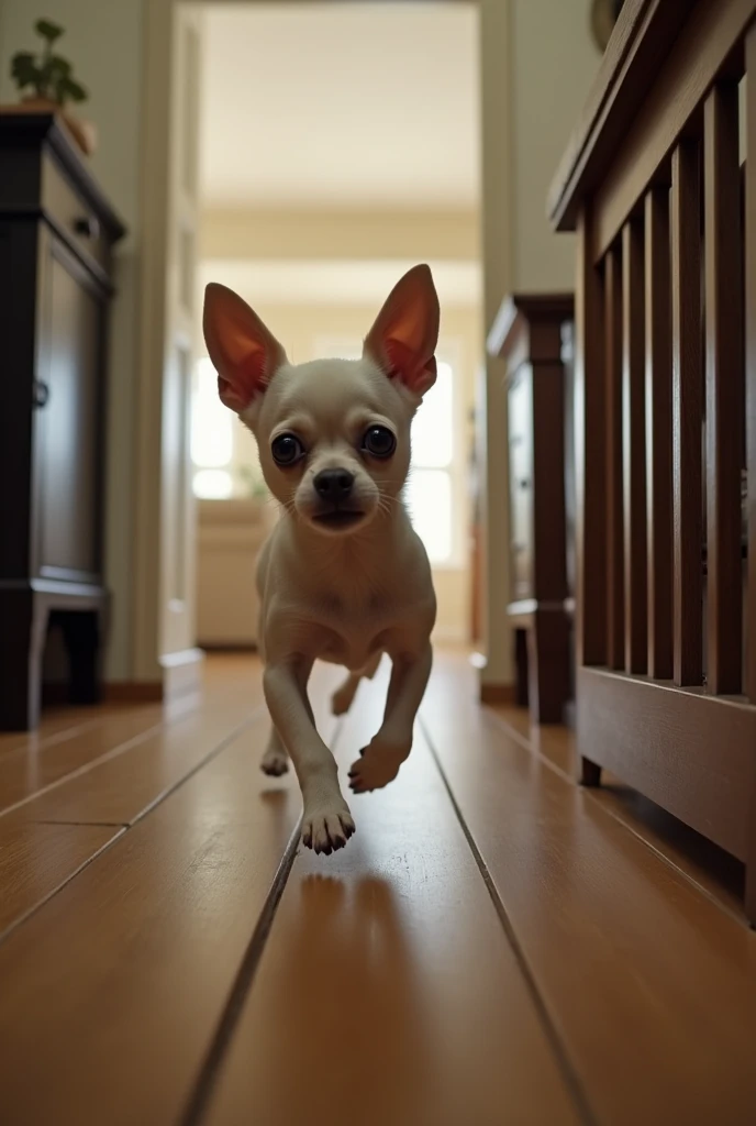 A scared white chihuahua dog escapes from its cage and in the background they are inside a house

