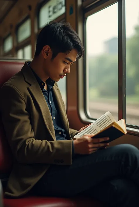 Young COLOMBIAN man 1 and Colombian characteristics, because he is Colombian and he is sitting alone on a train reading a book, where he and the destination indicator stand out, where the vanishing point is evident