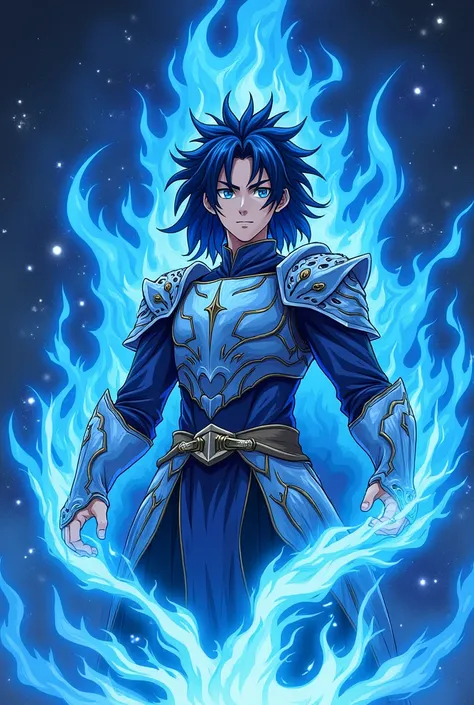 I need the same character to emanate a form of power similar to Meliodas&#39; Wrath Claw from Nanatsu no Taizai this time., but with Cobalt Blue aura (MAKE THE IMAGE WITH JAPANESE ANIME LINE) and written "The Eminent Divine Spirit" into the image, as if it...