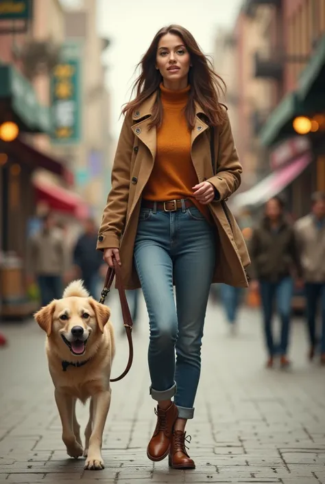 Beautiful American Girl is holding a leash and walking a dog in the street, with the leash tied around the dogs neck.