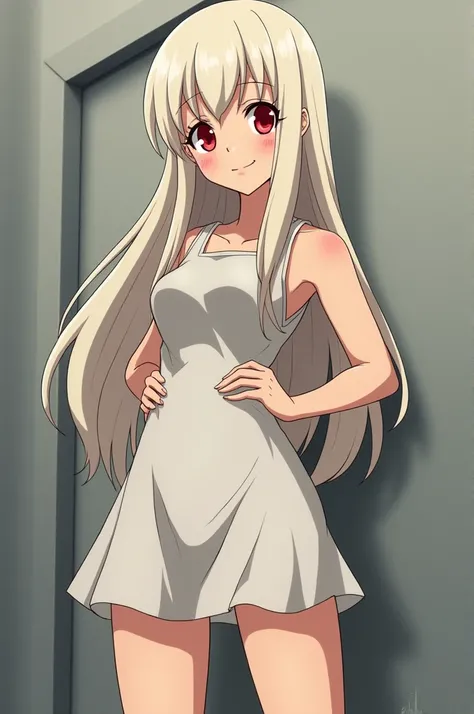 The image is Ghibli and cowboy bebop style, of a 28-year-old adult woman, who is albino and has long hair and red eyes. 

She has a dress and sturdy legs and strong thighs.  
His face looks smiling. 

In the background of the image there is a grey wall. 