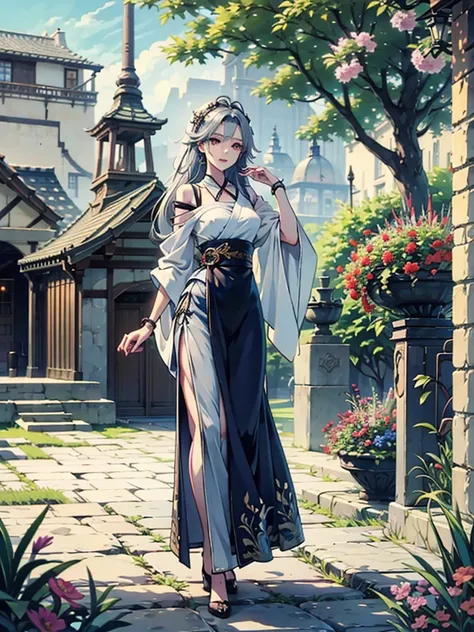 Magnificent View、Floating Island、Hanging Garden、Outdoor、Vision、anime、High definition、Miko costume、Holy Maiden、In a garden full of blooming flowers, she is spinning with her right hand stretched upwards, her left hand on her hip, and her chin raised.、Silver...