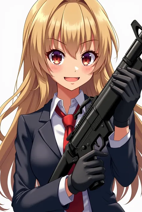 in anime style. A young and cute 19 year old girl, with long blonde hair, fringe and braids, in the formal clothes of someone who works in an office. She is very beautiful and has a great physique., with an angry smile holding a machine gun