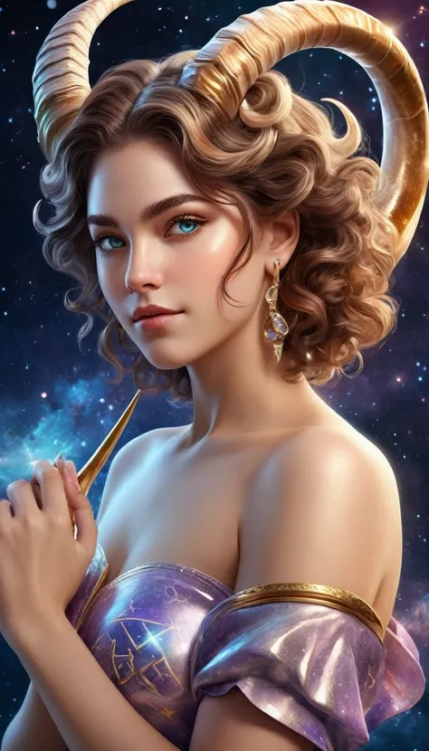 representation of the capricorn zodiac sign in the form of a woman: fantastic artwork in high definition (8k) with bright, cheerful tones, short, wavy hair, curious, sparkling eyes and elements that identify capricorns, such as capricorns or symbols relate...