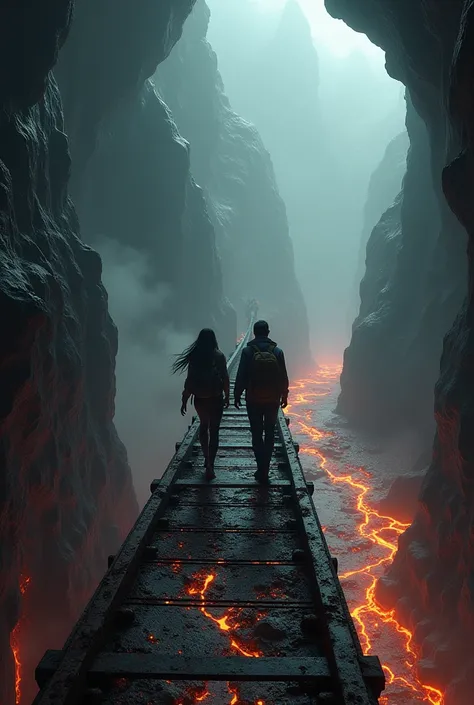 A dark cave with a cliff and a river of lava and a long, rusty iron bridge. connected to a cave and the continuation of the cave with the exit to a mountain.  And that there are also two scientists,  a woman with loose hair and a man with straight black ha...