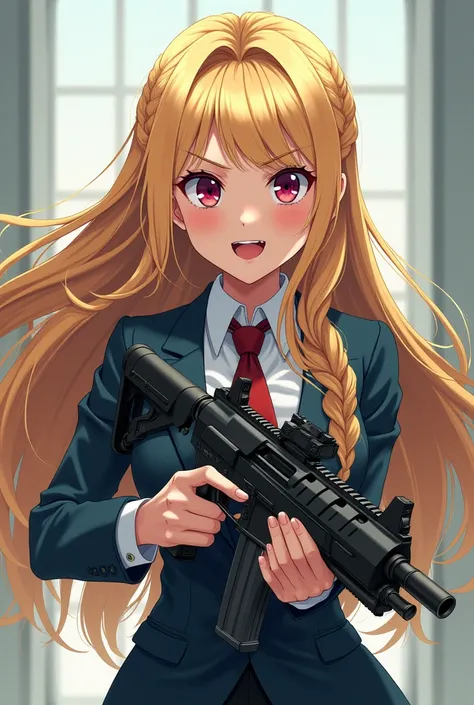 in anime style. A young and cute 19 year old girl, with long blonde hair, fringe and braids, in the formal clothes of someone who works in an office. She is very beautiful and has a great physique., with an angry smile holding a machine gun