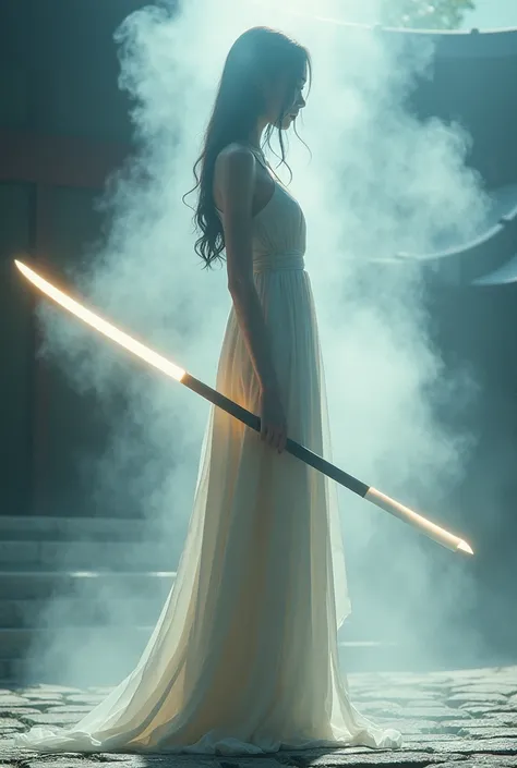 editorial photography,super detailed background,Super realistic,double exposure,depth of field,beauty super slender skinny vides,soft focus pure tone,narrative scene,A neon-emitting blade is surrounded by white smoke,a super_long Japanese sword held by fem...