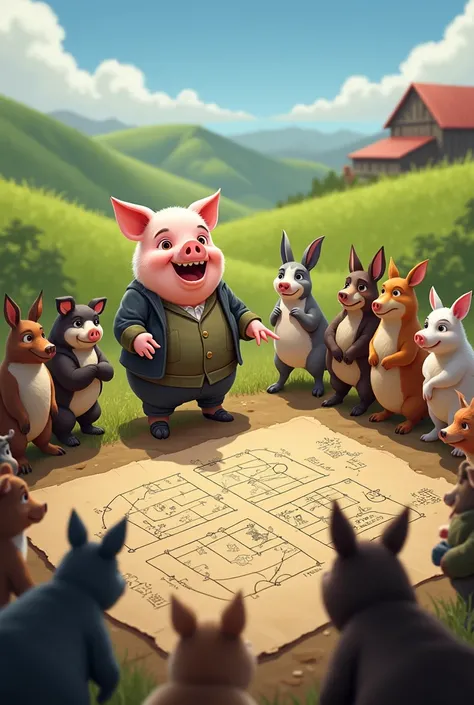 Image: Snowball the Pig, in front of the animals, explaining defense strategies with a drawing of military tactics on the ground.