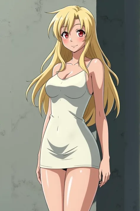 The image is Ghibli and cowboy bebop style, of a 28-year-old adult woman, who is albino and has long hair and red eyes. 

She has a dress and sturdy legs and strong thighs.  
His face looks smiling. 

In the background of the image there is a grey wall. 