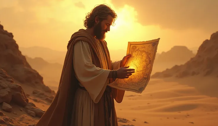 "Crie uma imagem hiper-realista e misteriosa de Solomon em um vasto deserto, holding a detailed ancient map that glows softly in the golden light of dawn. Ao redor dele, the desert seems endless and desolate, but the map in your hands reveals a clear path ...