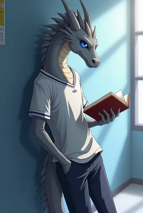 Male Dragon, gray color and white lines, there is a blue oval shape on his cheek, ideal body, high school student,  so OSIS, wear high school student council uniform, wear school pants, he is reading a book while standing with one hand, his eyes glanced, o...