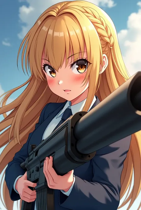 in anime style. A young girl of 1, with long blonde hair, fringe and braids, with formal clothes. She is very beautiful and has a great physique., with an angry smile holding a giant rotary machine gun