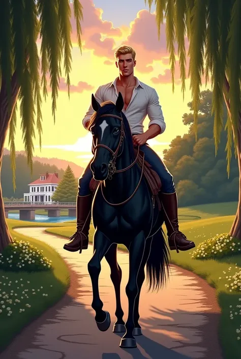 illustration wide shot  a young blond, muscled_toned_perfect_body, man, wearing short, ridding a black horse  pathway, smiling the most hansome man ever seen, modern hair cut, oval face, large blue eyes, roman nose, full lips, square chin, he is smiling, i...