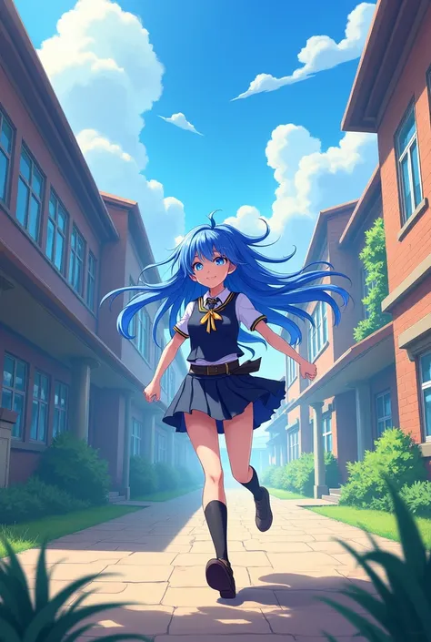 Wallpaper:anime style genshi impact has long blue hair blue eyes wears the school uniform and runs around school