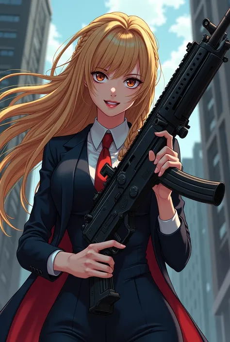 in anime style. A 22 year old girl, with long blonde hair, fringe and braids, with formal clothes. She is very beautiful and has a great physique., with an angry, psychopathic smile holding a giant machine gun