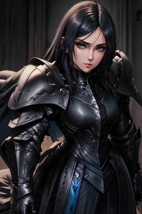 black armor knight, pale, woman, long straight black hair, blue eyes, black armor, detailed background, adult