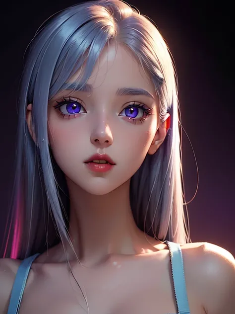 (Best quality at best,8K,A high resolution,tmasterpiece:1.2),Digital artwork, one girl，detailed face，detailed eyes，light blue hair，long straight hair，glowing purple  eyes，red lip，Suspenders