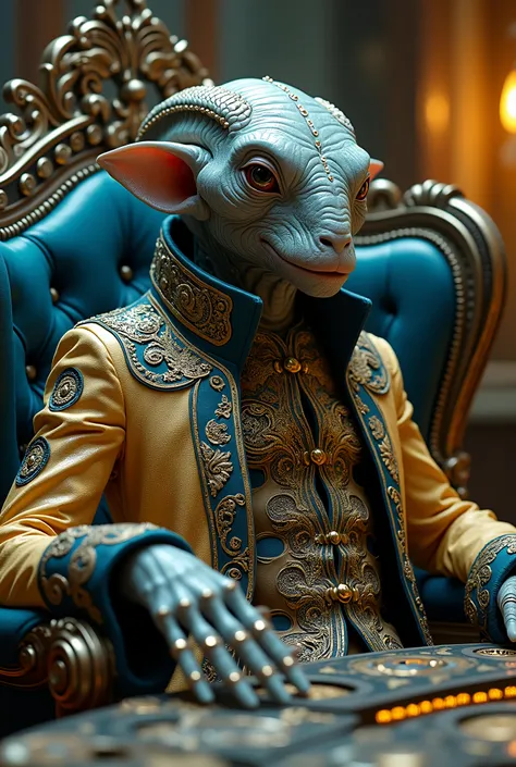 Ancient humanoid creature unaesthetic futuristic with skin ornamented patterns in high relief very detailed ornamental clothes in 4d sitted on a high tech chair, machinery, gadjets, rococopunk, on a room of future baroque in front of a table, photorealisti...