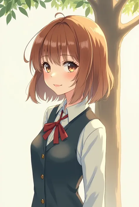 (extremely delicate and beautiful: 1.2), 1 girl, fashion girl, bangss, beautiful eyes, 弓, chestnut hair, cloused mouth, sideways, hair between the eyes, hair 弓, manga curta, gazing at viewer, medium hair, standing alone, trunk, schoolar uniform: 1.3, ((sta...