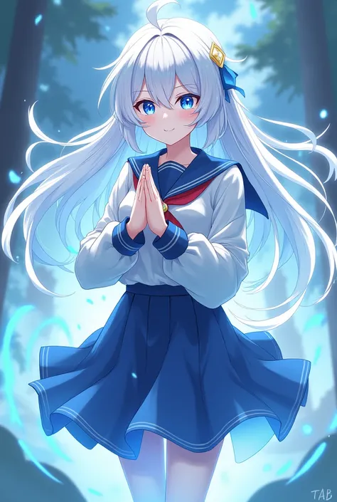 Wallpaper:anime style genshi impact has long white hair blue eyes and a school uniform and has telekinesis and is flying with a blue aura and has his hands together