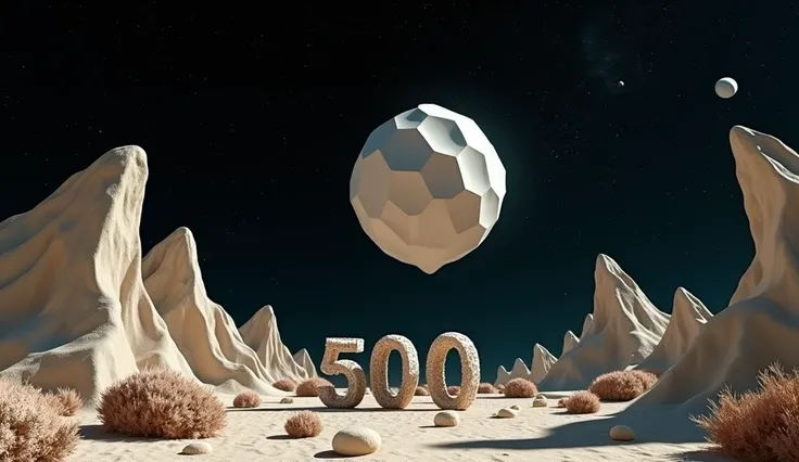 A shot of an otherworldly landscape filled with geometrical hills and rocks scattered around. The ground is filled with rocks and weird low flora. Floating geometrical 3D shapes levitating above ground ground all over. The word "500" made of mineral and is...