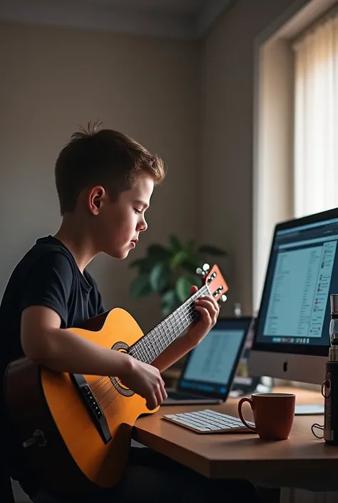 A short-haired IT expert wearing a black t-shirt is working in his room and there are three laptops on his desk., a cup of coffee, and vape. And beside him there was a five year old fat baby boy., short hair playing guitar. Real-like photo results.