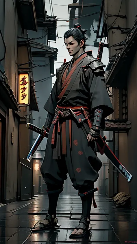 a close up of a person holding a katana in a city, very beautiful cyberpunk samurai, cyberpunk samurai, neon samurai, samurai je...