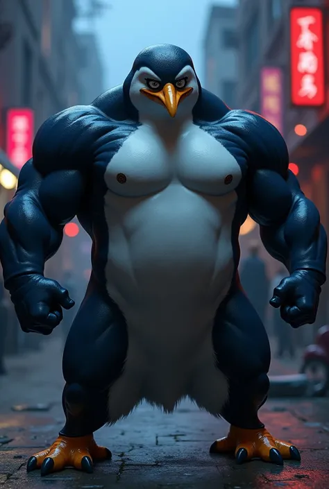 Character: Kowalski, a penguin from *Madagascar* is reimagined as a muscular, imposing figure inspired by *JoJos Bizarre Adventure*. He wears a tight navy-blue bodysuit with metallic details that accentuate his powerful physique. His eyes have a fierce, de...