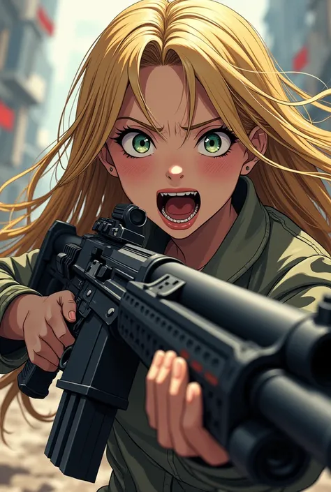 in anime style. A 22 year old girl, with long blonde hair, smiling psychopath expression holding a minigun