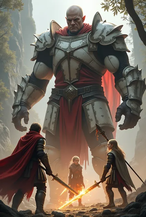 (in a medieval world.
an 18 year old young man ,standing 6 feet tall, weighing 80 ,with very short hair(almost bald).
Wearing a red outfit and a flaming sword.

A 12 year old male elf boy,Blonde hair and green eyes ,wearing a white and green outfit and a b...