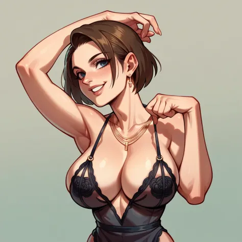 Random point of view jill Valentine in black dress large breasts cleavage ultrarealistic thong random pose bedroom body jewelry lingerie smile ultra detailled  transparent dress 