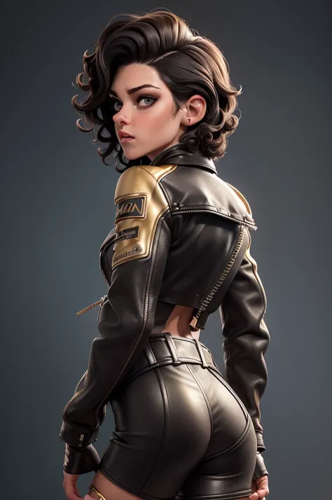 obra prima, melhor qualidade, ((only one woman,)) ((kristen stewart, dark tan skin, short black curly hair, heavy makeup eye shadow, mouth open,)) (((wearing thigh length bubblegum distressed leather jacket,))) (((jacket is zipped up, jacket covers waist a...