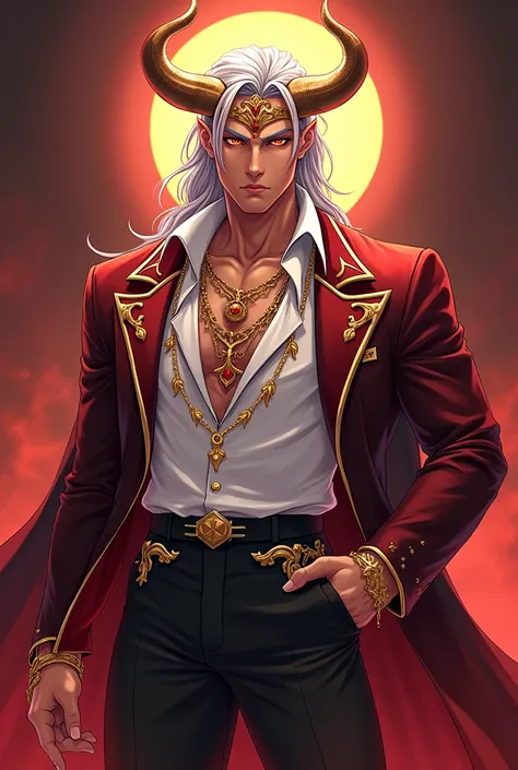 Create a full body anime style image of my character: His name is Asmodeus, King of the circle of hell of lust. He looks about 2. stomach 1.90 m, He has long white hair with crimson red tips.. Her skin is caramel-colored and her eyes are golden.. He is ver...