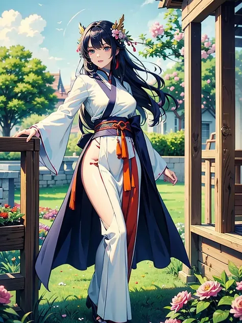 Magnificent View、Floating Island、Hanging Garden、Outdoor、Vision、anime、High definition、Miko costume、Holy Maiden、Dancing and spinning in a garden full of blooming flowers、Silver Hair（Long Hair、The top of the head is indigo blue、The ends of the hair are red.）、...