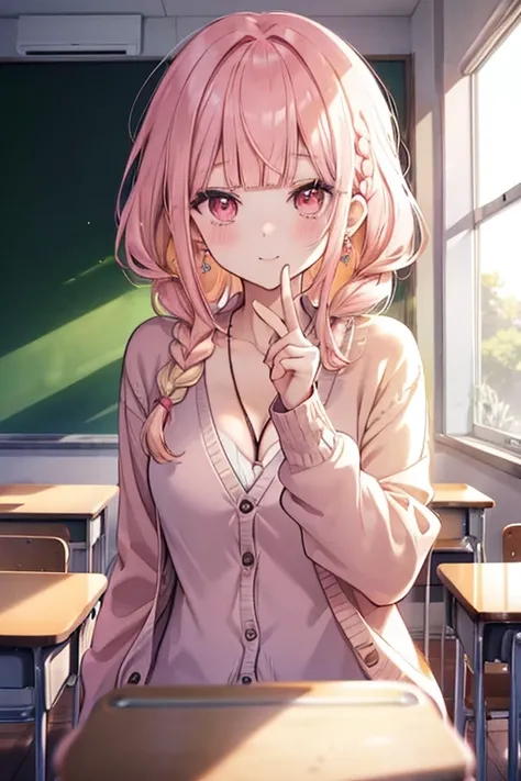 (((anime))), ((anime)), (Gal), Medium Hair, (Braid:1.3), (Blunt bangs:1.2),Two-tone hair, Blonde, (Pink Hair), Round face, Red eyes, (Droopy eyes), (((puppet))),Pink Lip,Earrings,necklace,[Dark Skin], A light smile, ((((cute)))), beautiful, 1 person, alone...