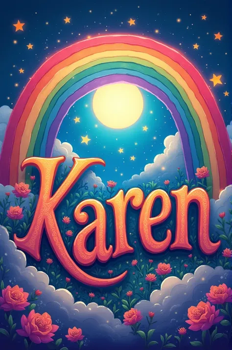 Name, Karen letters, between rainbows in the background the full moon