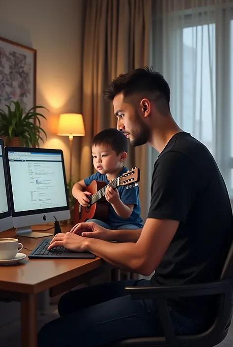 A short-haired IT expert wearing a black t-shirt is working in his room and there are three laptops on his desk., a cup of coffee, and vape. And beside him there was a five year old fat baby boy., short hair playing guitar. Real-like photo results.