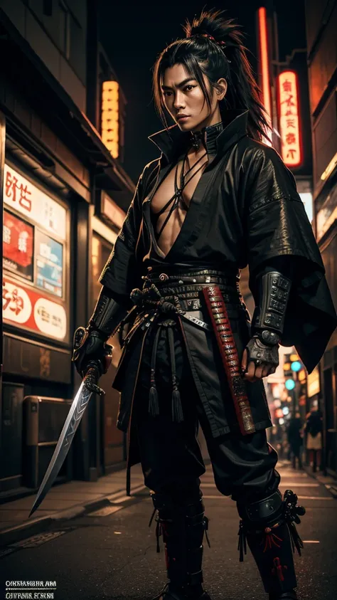 a close up of a person holding a katana in a city, very beautiful cyberpunk samurai, cyberpunk samurai, neon samurai, samurai jedi, full body of a cyberpunk samurai, [ trending on cgsociety ]!!, sith lord. dramatic lighting, trending on artstation., andrea...