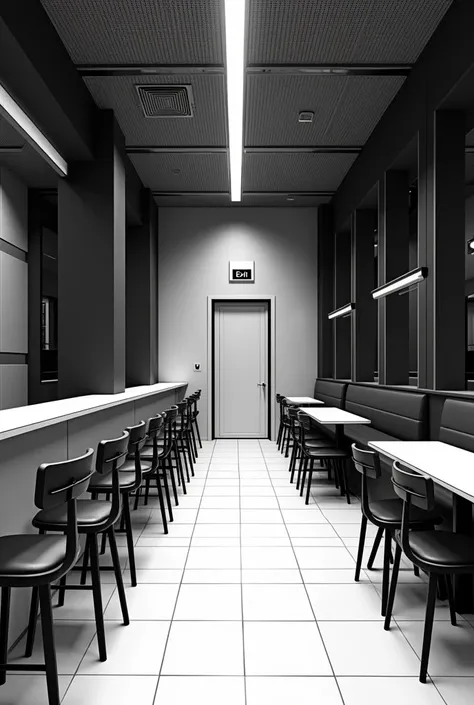 Make me a black and white bar plan with an emergency exit 