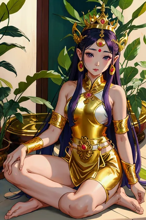 Thai female characters,long hair,Wear Thai clothes,Wear a Thai tube top,,Thai person,Barefoot standing neatly,Thai Shivalai costume with purple chest shield,Put on the leaves,Wearing a golden crown,