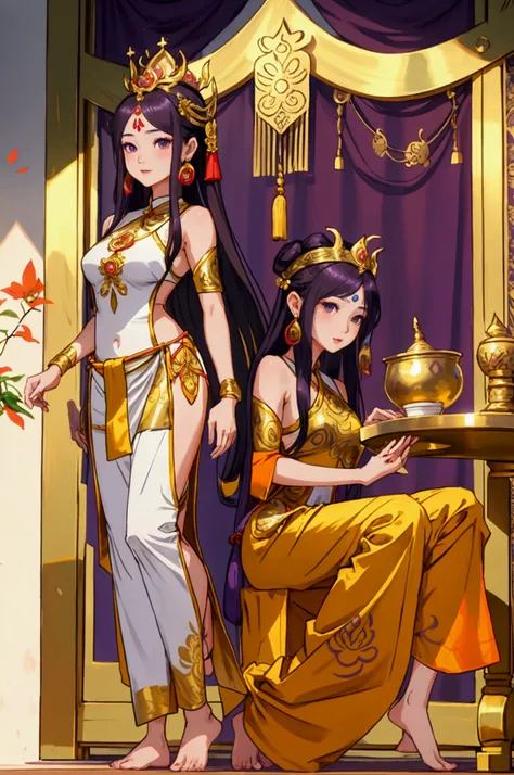 Thai female characters,long hair,Wear Thai clothes,Wear a Thai tube top,,Thai person,Barefoot standing neatly,Thai Shivalai costume with purple chest shield,Put on the leaves,Wearing a golden crown,Thai pants with a polite Thai pattern,Dress politely