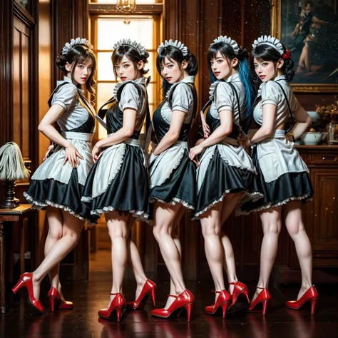 (full body of extremely detailed((12 sexy maid group:1.4))), kawaii perfect face, reflective eyes, detailed(delicate clothing te...