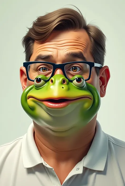 Create image of a man of the masculine gender, the face must have the characteristics of a big old frog, but maintaining the characteristics of a human, wearing rectangular glasses, short hair combed to the side, hair color should be brown, with a short sm...