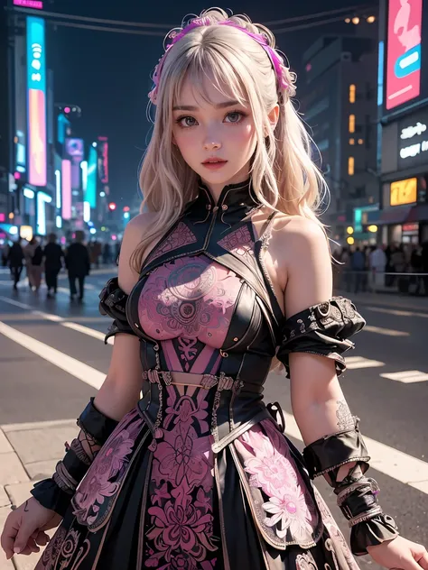 offcial art, Unity 8k wallpaper, Ultra detailed, Beautiful and aesthetic, Beautiful, Masterpiece, Best quality, (zentangle, mandalas, Tangled, entangle), 8K, Skin texture:1.4, tmasterpiece:1.4,Pose behind beauty，(Cyberpunk style Lolita costume in random co...