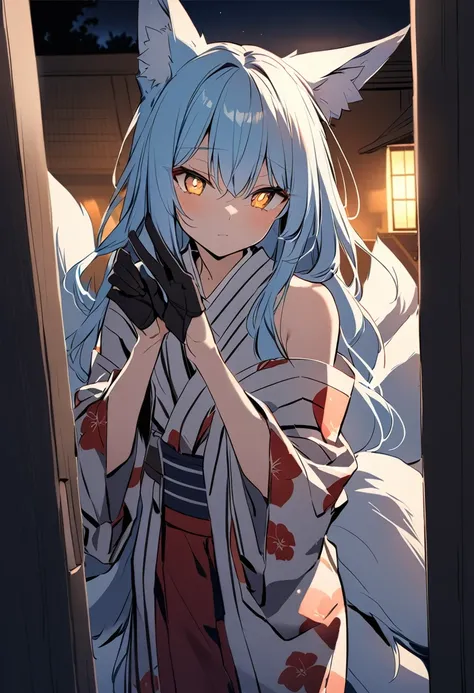 Long Hair, Light Blue Hair, Yellow Eyes, Heart pupils, bare shoulder, Fox Ears, 9 Tails, Big , Wearing Yukata, Nighttime, Wearing Black Gloves, Inside a house