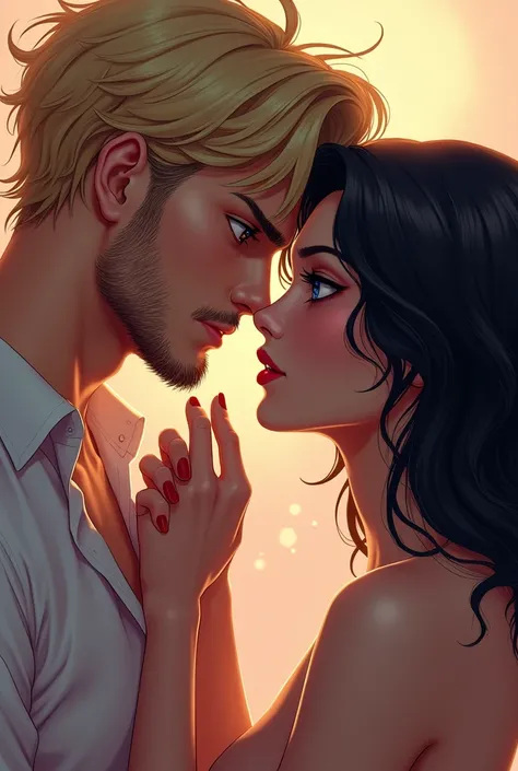 I created a cover where my protagonists are looking into each other&#39;s eyes and the sexual tension is noticeable., desire and love in his gaze, where he is looking down, taking his chin, forcing her to look at him.
a blonde man, messy hair, tall and pie...