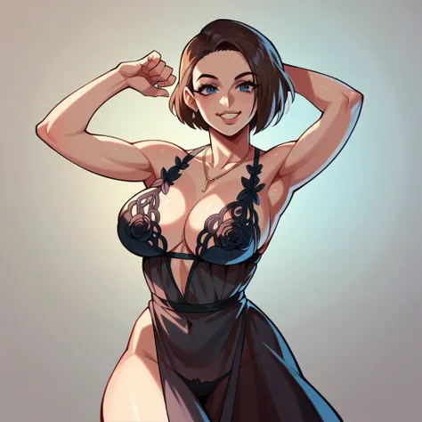 Random point of view jill Valentine in black dress large breasts cleavage ultrarealistic thong random pose bedroom body jewelry lingerie smile ultra detailled  transparent dress 