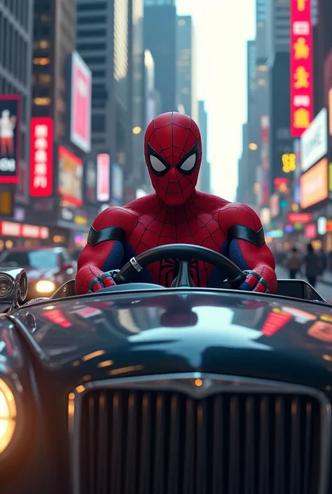 Spider-Man driving a car